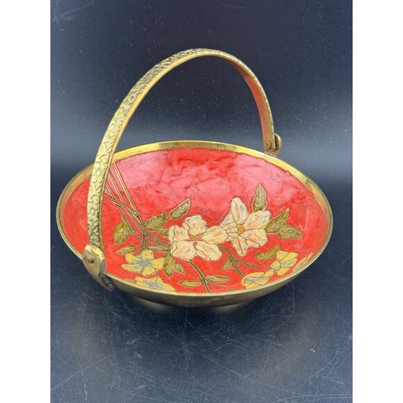Vintage Brass Enamel Cloisonne Dish with Embossed Handle - Picture 6 of 8